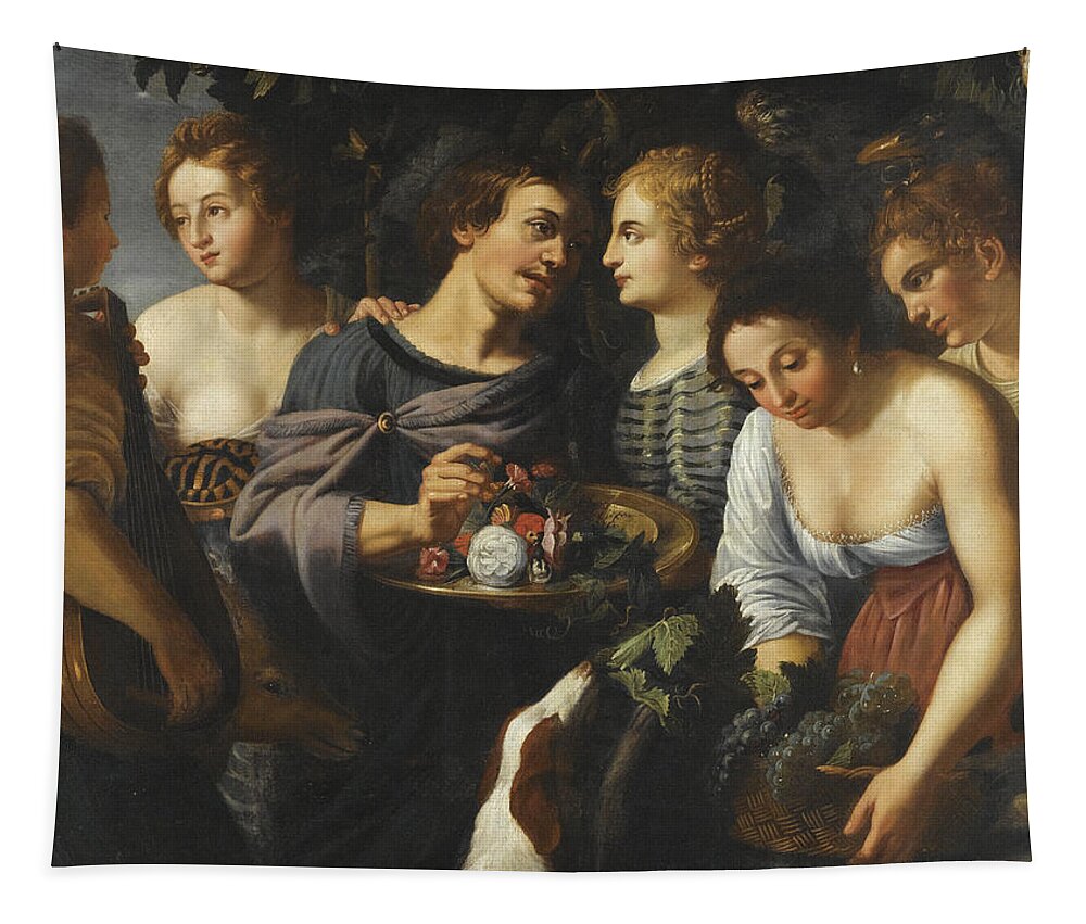 Follower Of Nicolas Regnier Tapestry featuring the painting An Allegory of the Five Senses by Follower of Nicolas Regnier