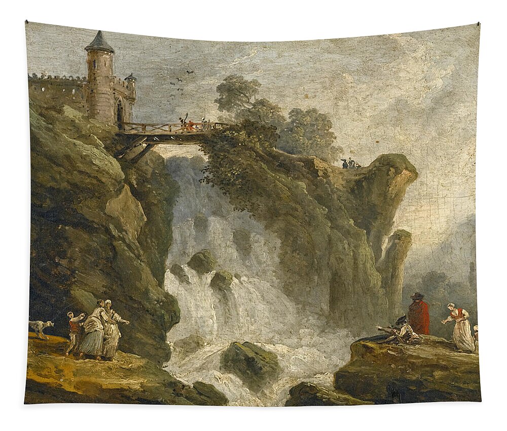 Hubert Robert Tapestry featuring the painting An Artist sketching with other Figures beneath a Waterfall by Hubert Robert
