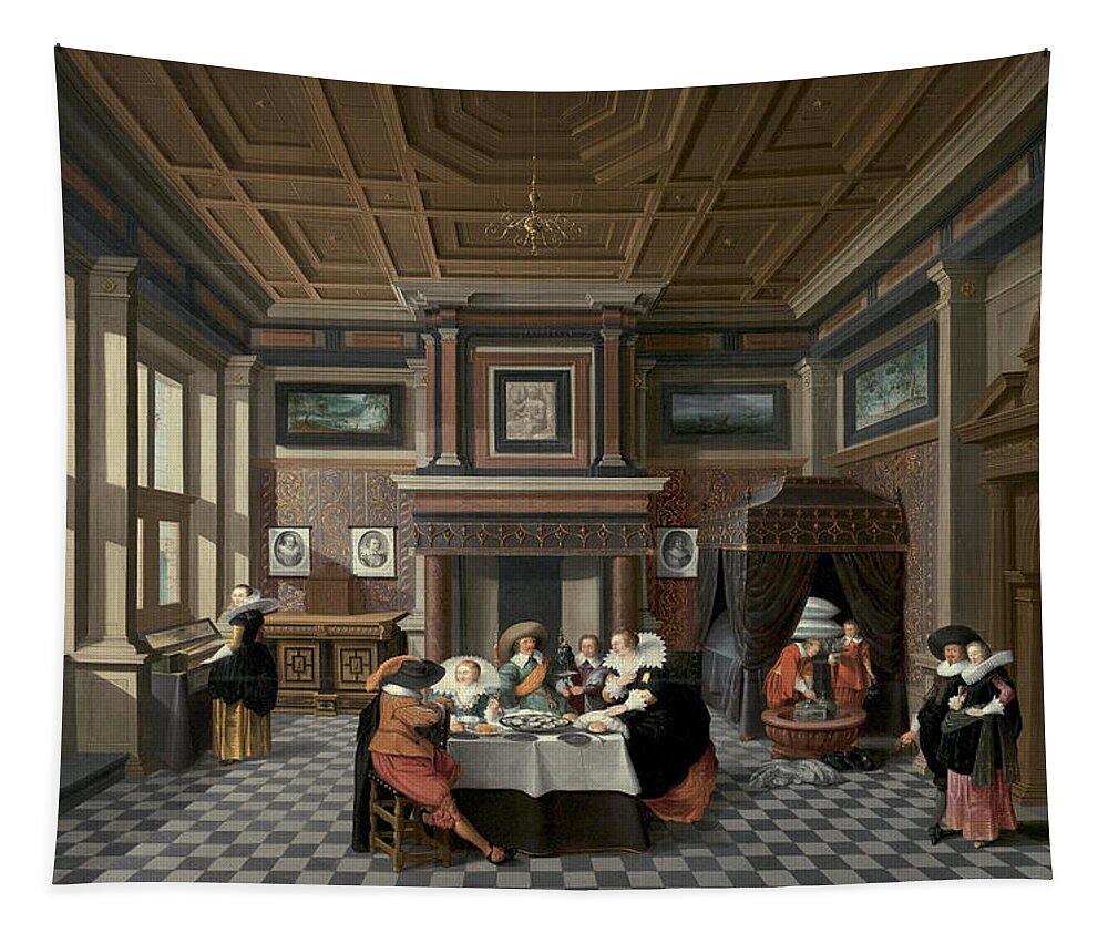 Dirck Van Delen Tapestry featuring the painting An Interior with Ladies and Gentlemen Dining by Dirck van Delen