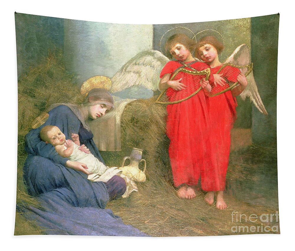 Stable; Lyre; Musical Instrument; Sleeping; Straw Tapestry featuring the painting Angels Entertaining the Holy Child by Marianne Stokes