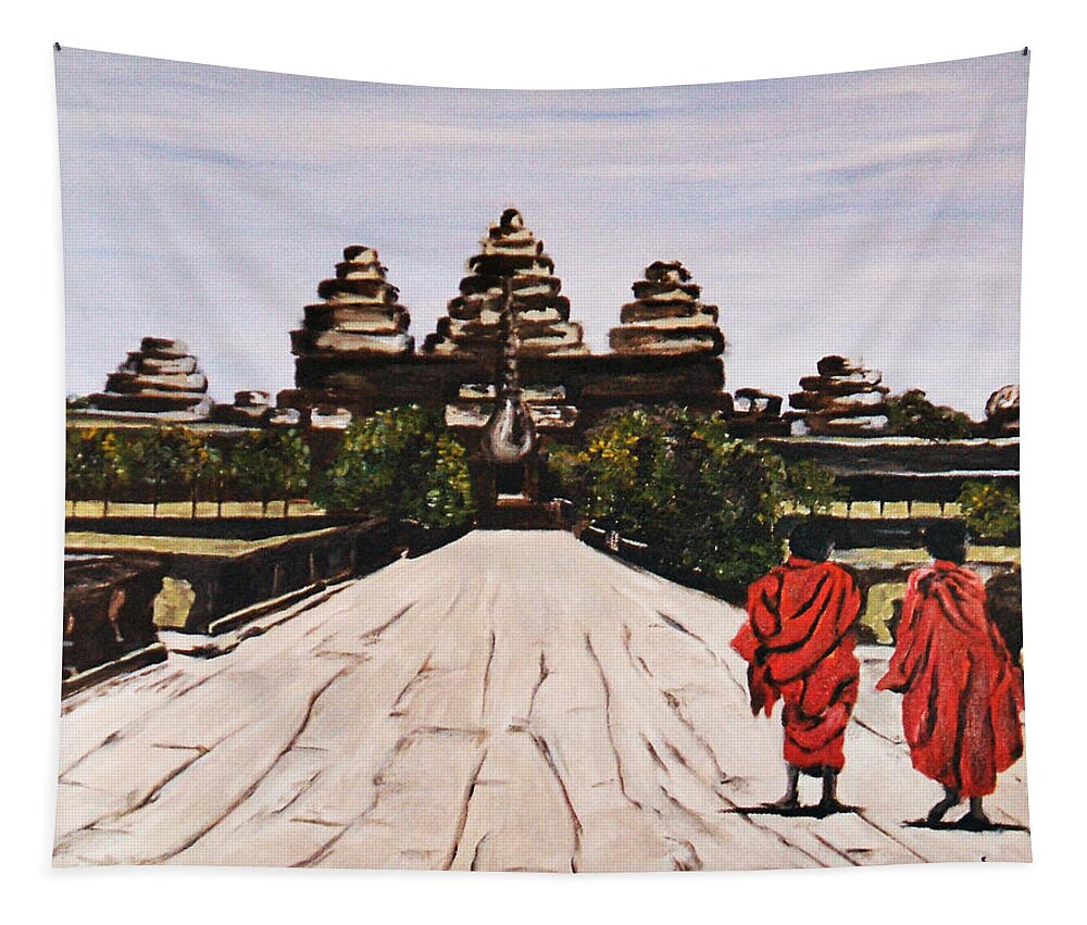 Angkor Wat Tapestry featuring the painting Angkor Wat by Carol Tsiatsios