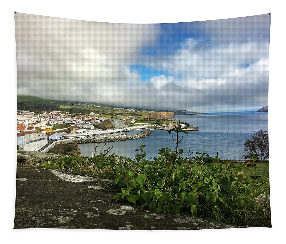 Kelly Hazel Tapestry featuring the photograph Angra do Heroismo Port and Split Rock Islet by Kelly Hazel