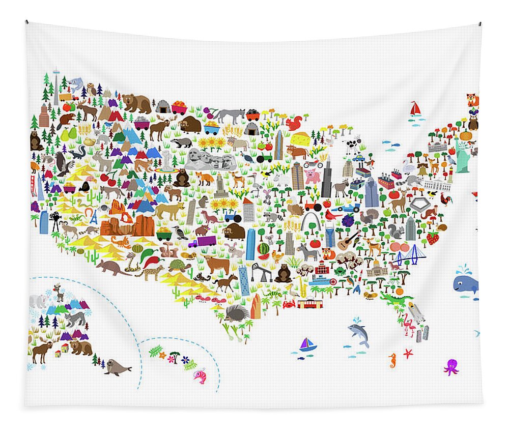 Usa Map Tapestry featuring the digital art Animal Map of United States for children and kids by Michael Tompsett