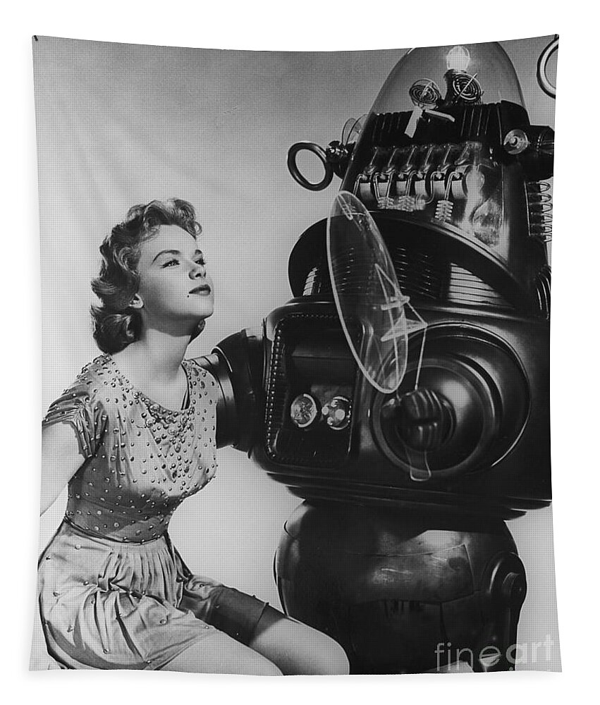 Anne Francis Tapestry featuring the photograph Anne Francis movie Sexy photo Forbidden Planet with Robby the Robot by Vintage Collectables