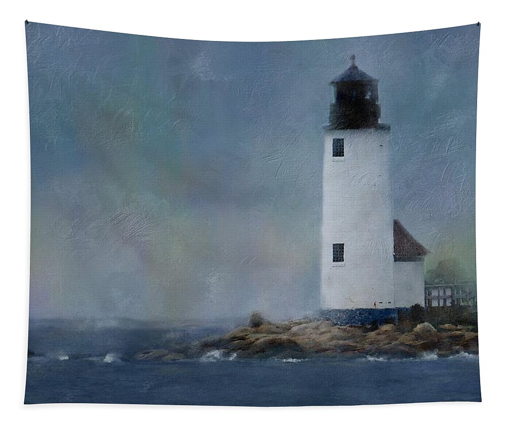 Lighthouse Tapestry featuring the digital art Anisquam Rain by Sand And Chi