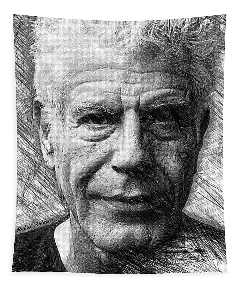 Rafael Salazar Tapestry featuring the drawing Anthony Bourdain - Ink Drawing by Rafael Salazar