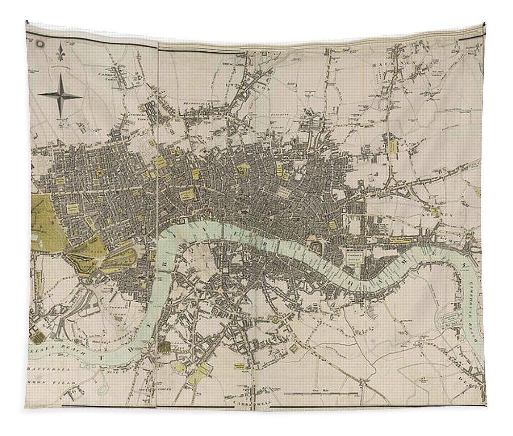 Old London Map Tapestry featuring the drawing Antique Map of London - Old Cartographic maps - London in Miniature, 1807 by Edward Mogg by Studio Grafiikka
