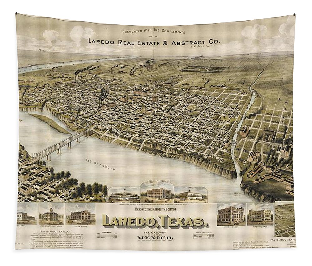 Antique Birds Eye View Map Of Laredo Tapestry featuring the drawing Antique Maps - Old Cartographic maps - Antique Birds Eye View Map of Laredo, Texas, Mexico, 1892 by Studio Grafiikka