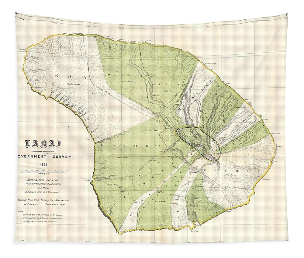 Antique Map Of Lanai Tapestry featuring the drawing Antique Maps - Old Cartographic maps - Antique Government Land Office Map of Lanai, Hawaii, 1878 by Studio Grafiikka