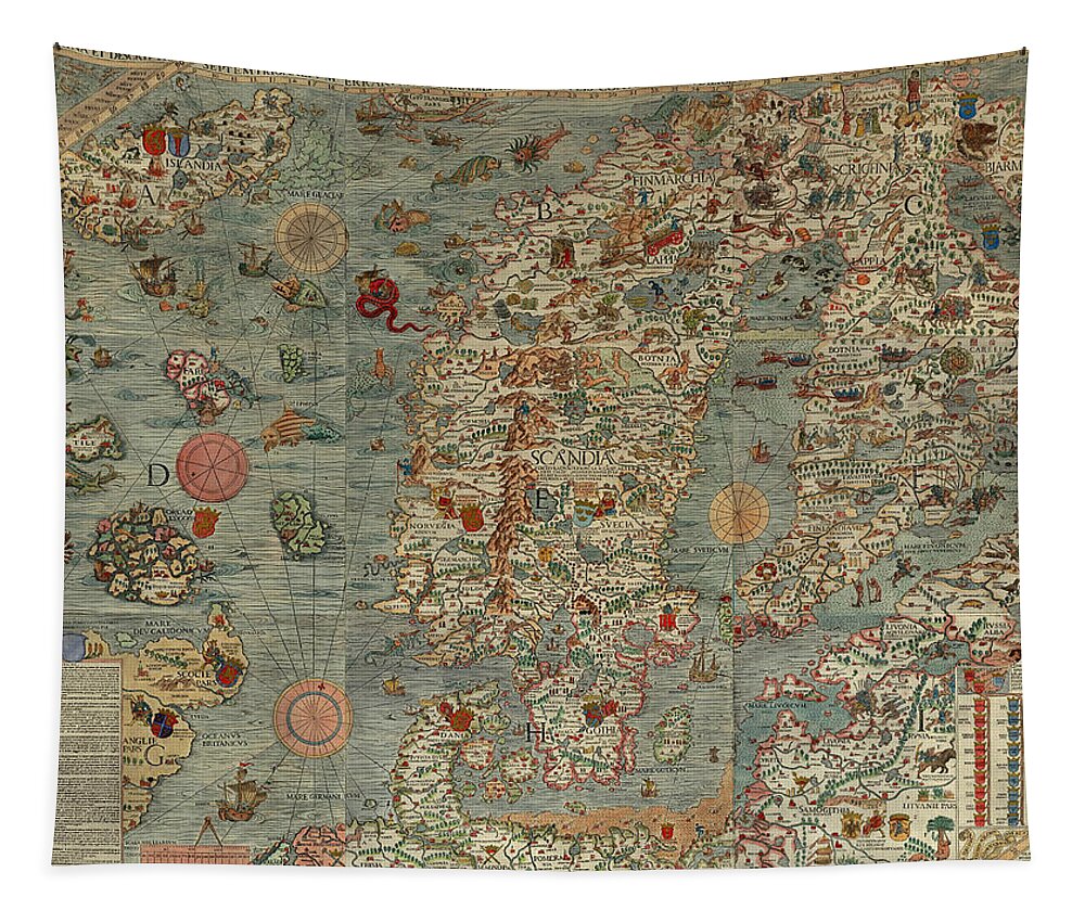 Antique Map Of Scandinavia Tapestry featuring the drawing Antique Maps - Old Cartographic maps - Antique Map of Scandinavia in Latin, 1539 by Studio Grafiikka