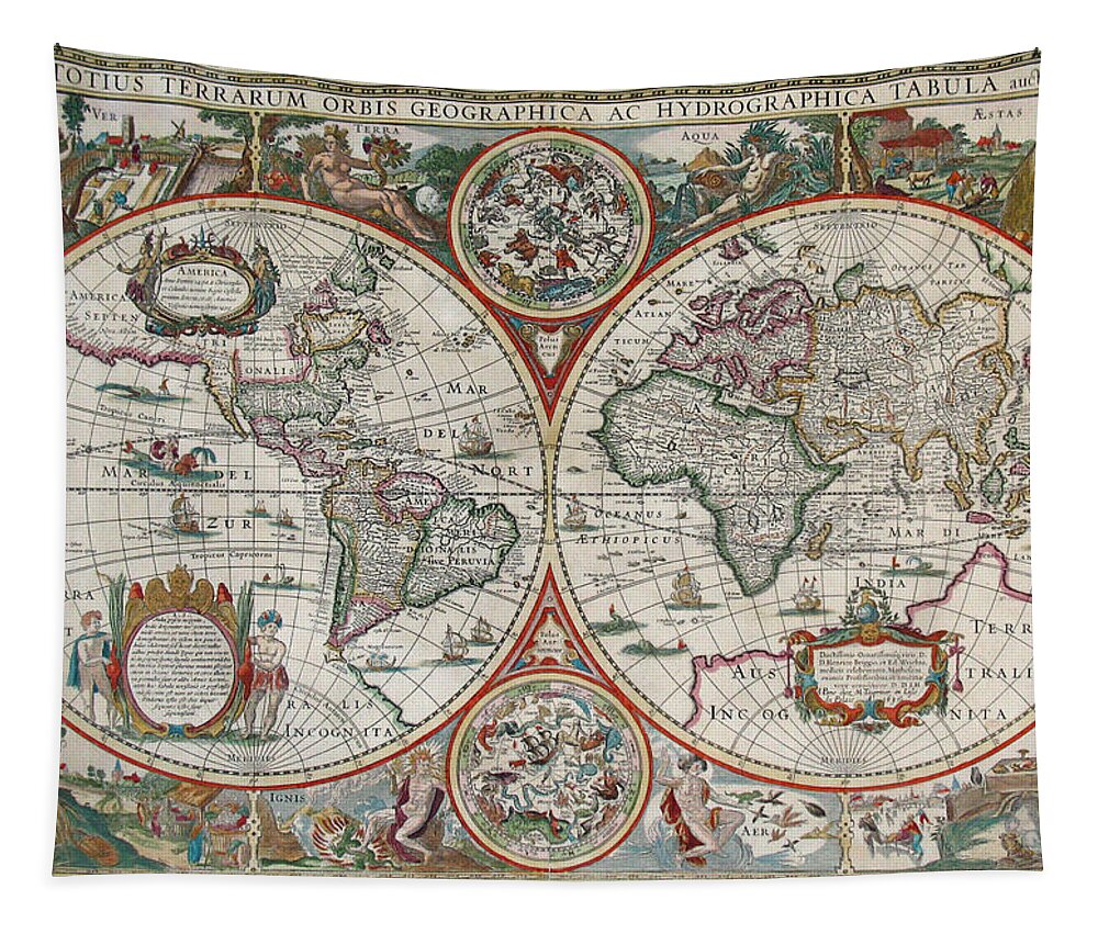 Antique World Map Tapestry featuring the drawing Antique Maps - Old Cartographic maps - Antique Map of the World in Latin by Studio Grafiikka