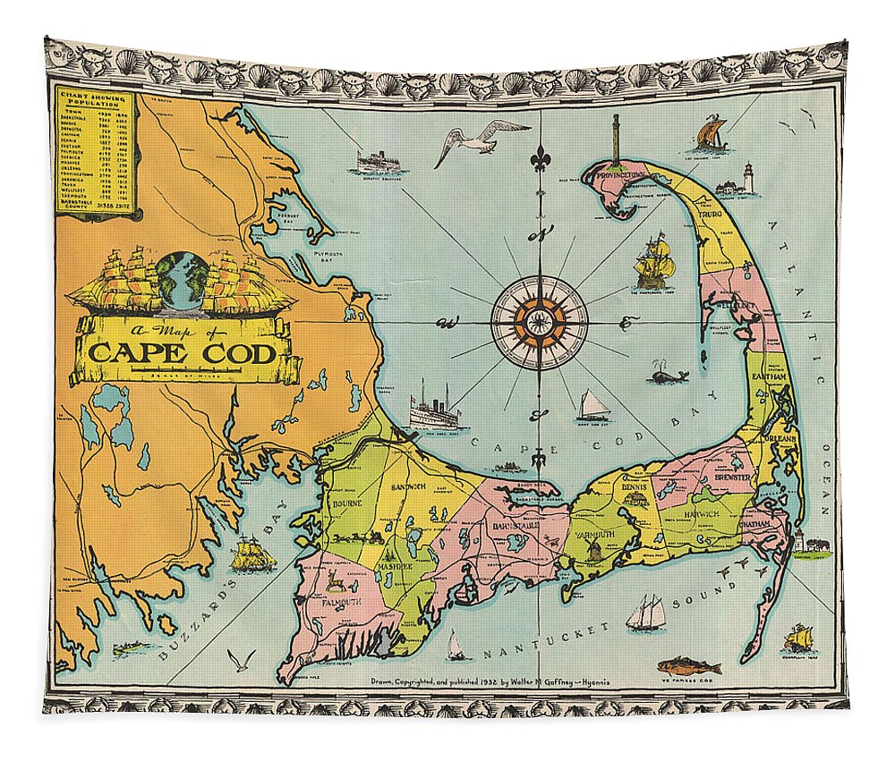 Antique Map Of Cape Cod Tapestry featuring the drawing Antique Maps - Old Cartographic maps - Antique Map of Cape Cod, Massachusetts, 1932 by Studio Grafiikka