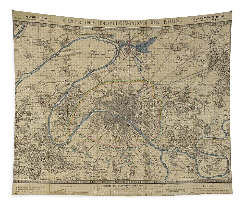 Antique Paris Map Tapestry featuring the drawing Antique Maps - Old Cartographic maps - Antique Map of Paris by Studio Grafiikka