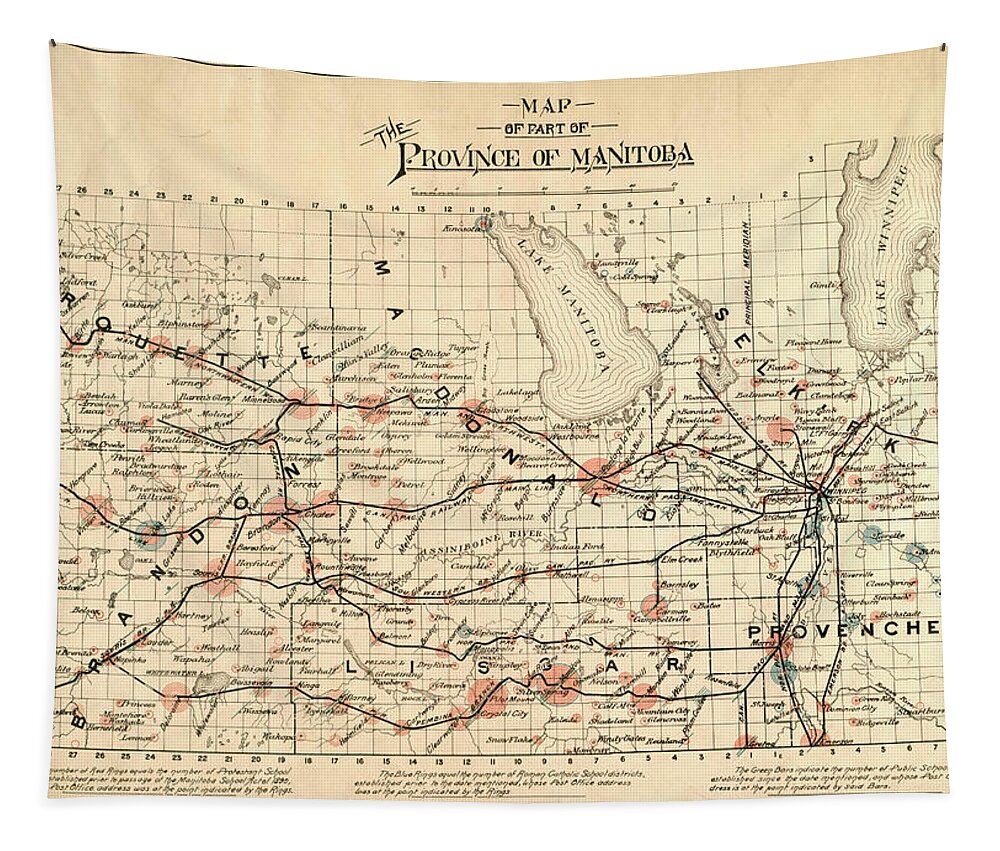 Antique Map Of Province Of Manitoba Tapestry featuring the drawing Antique Maps - Old Cartographic maps - Antique Map of Province of Manitoba, 1880 by Studio Grafiikka