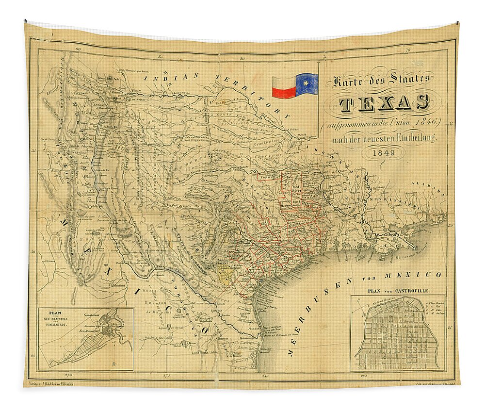 Antique Texas Map Tapestry featuring the drawing Antique Maps - Old Cartographic maps - Antique Map of Texas, 1849 by Studio Grafiikka