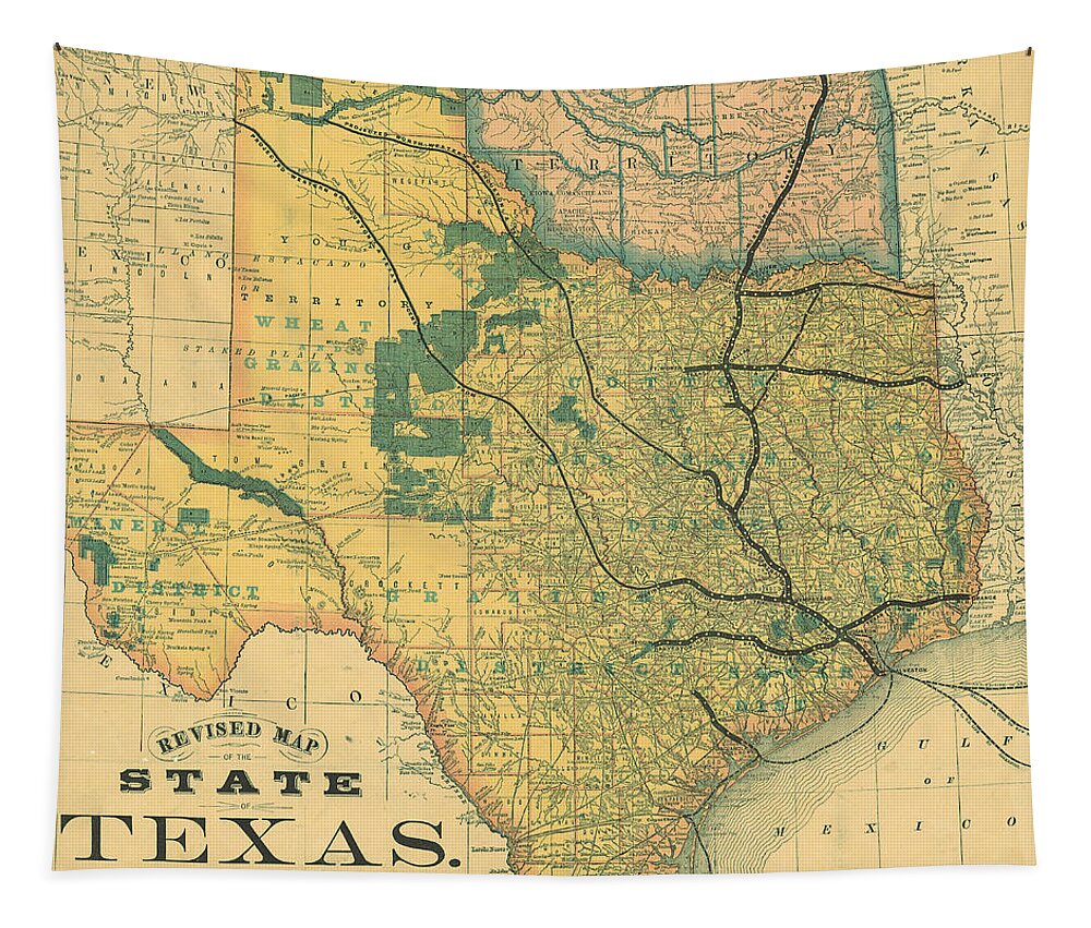 Antique Map Of The State Of Texas Tapestry featuring the drawing Antique Maps - Old Cartographic maps - Antique Map of The State of Texas, United States, 1876 by Studio Grafiikka