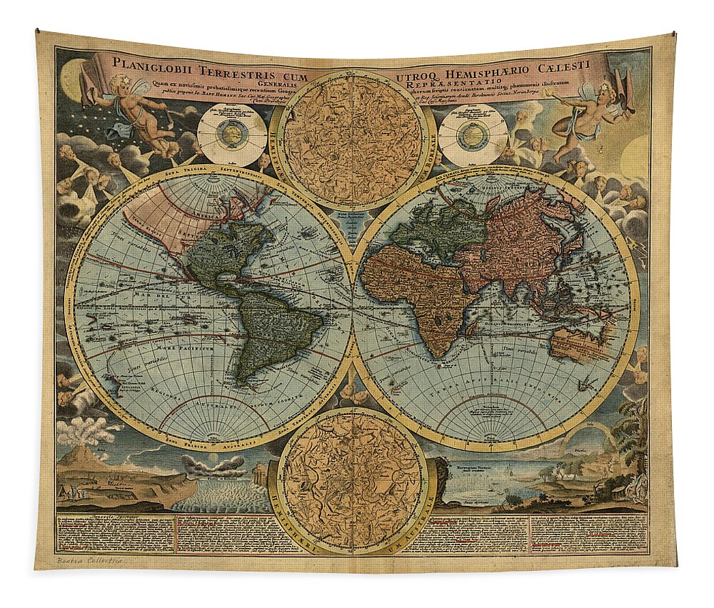 Antique Map Of The World Tapestry featuring the drawing Antique Maps - Old Cartographic maps - Antique Map of the World, Double Hemisphere, Globe by Studio Grafiikka