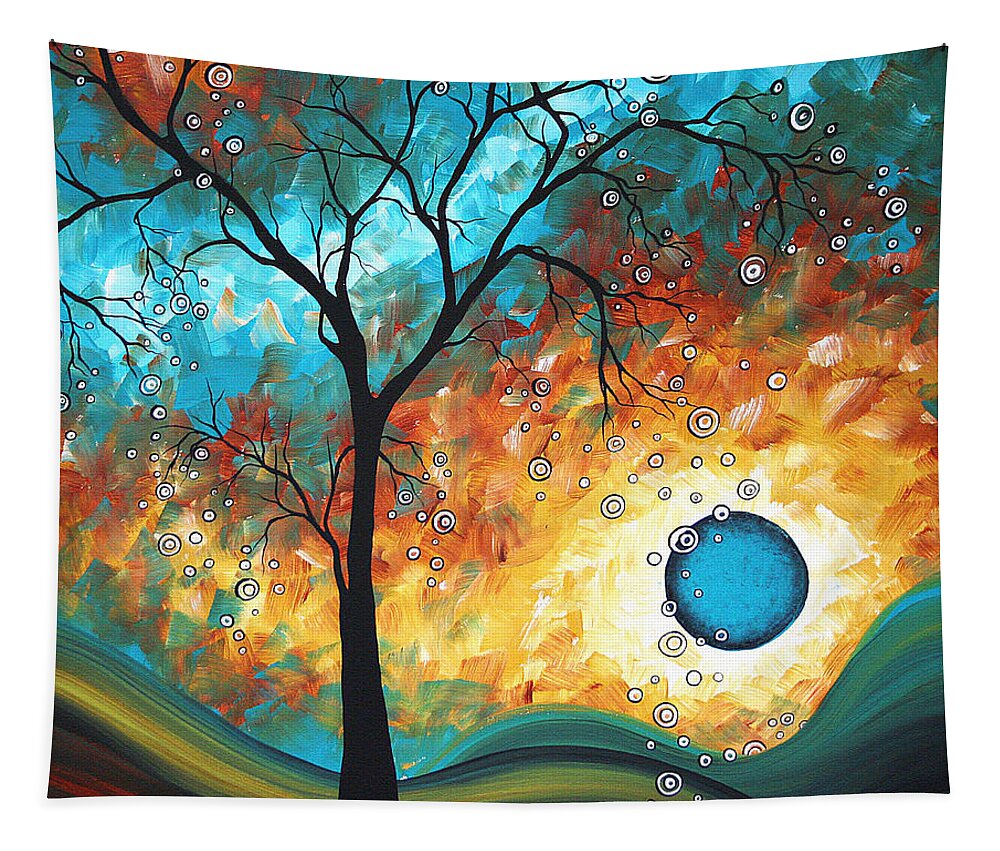 Art Painting Landscape Abstract Contemporary Painting Original Art Madart Licensing Licensor Modern Fine Art Buy Print Surreal Sun Fun Colorful Upbeat Lifestyle Brand Whimsical Tree Yellow Tan Cream Teal Aqua Turquoise Blue Circles Landscape Rust Yellow Brown Tapestry featuring the painting Aqua Burn by MADART by Megan Duncanson