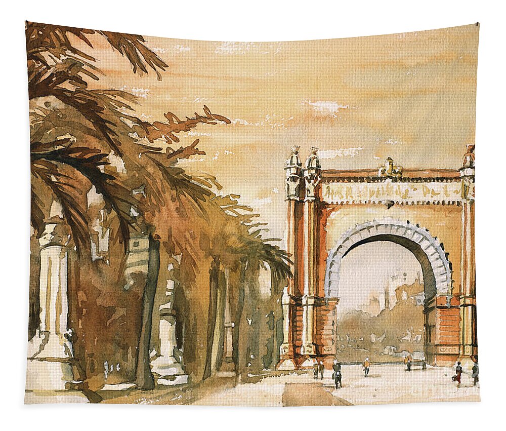 Street Scene Tapestry featuring the painting Arch- Barcelona, Spain by Ryan Fox