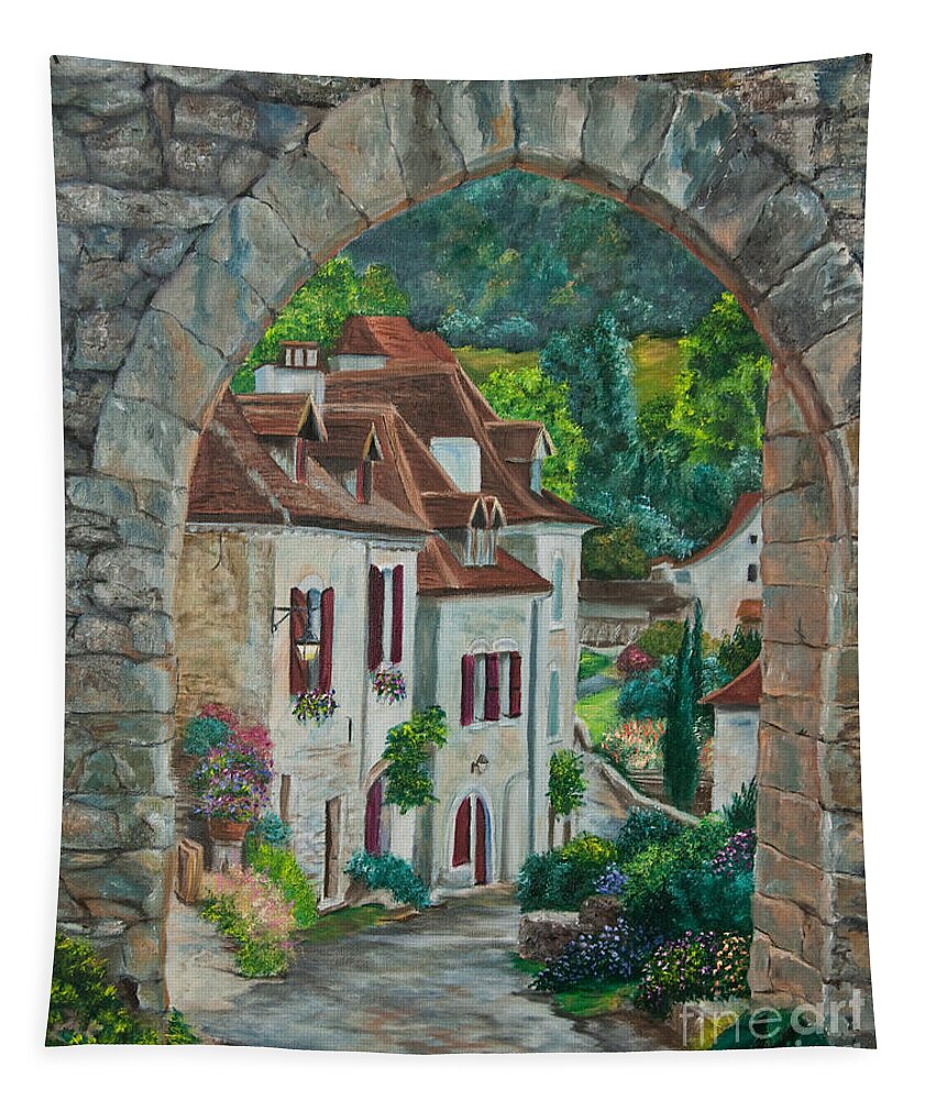 St. Cirq In Lapopie France Tapestry featuring the painting Arch Of Saint-Cirq-Lapopie by Charlotte Blanchard