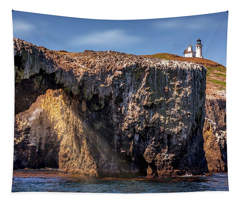 Arch Rock Tapestry featuring the photograph Arch Rock and Lighthouse by Endre Balogh
