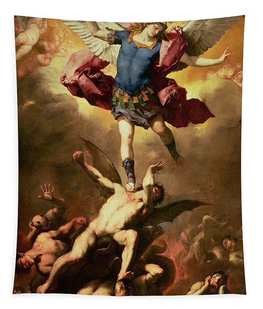 Guardian Angel Tapestry featuring the painting Archangel Michael overthrows the rebel angel by Luca Giordano
