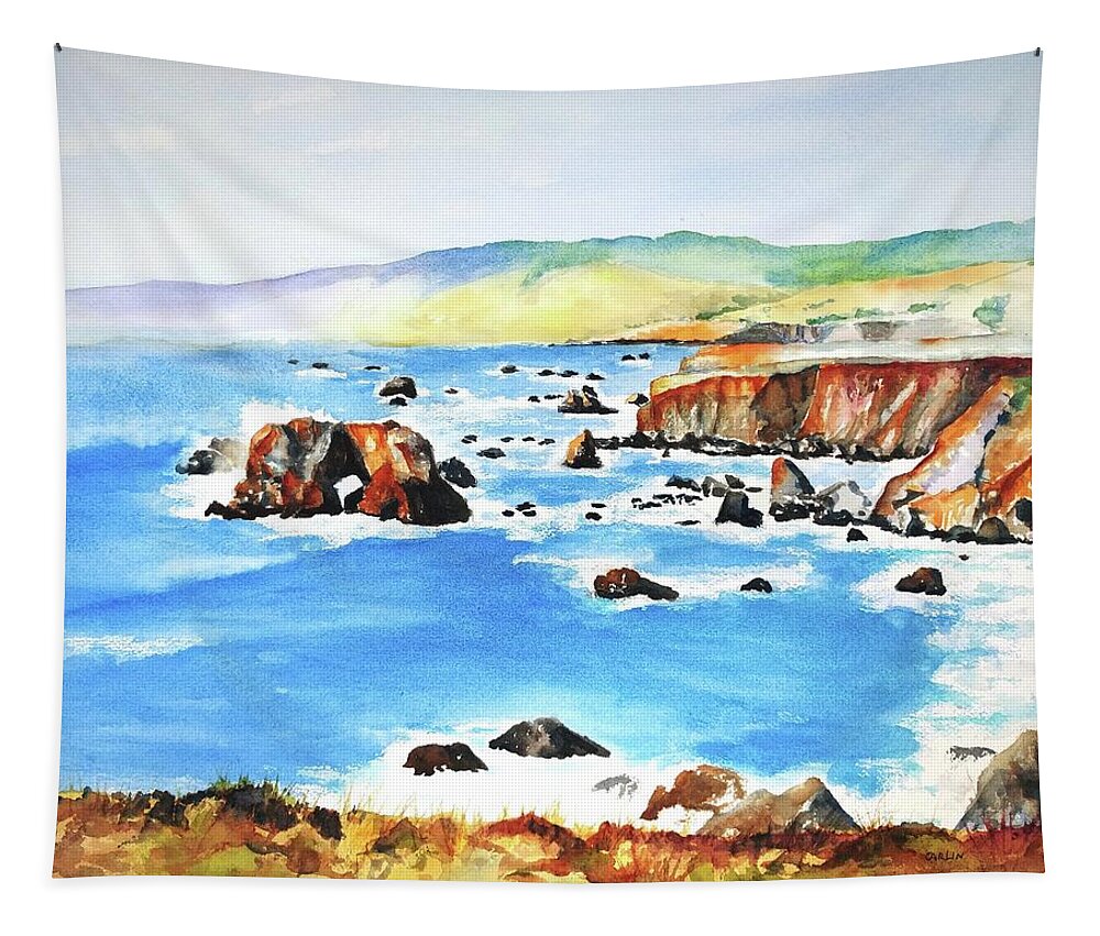 Ocean Tapestry featuring the painting Arched Rock Sonoma Coast California by Carlin Blahnik CarlinArtWatercolor