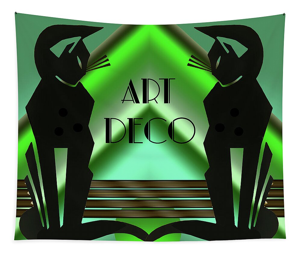 Art Deco Tapestry featuring the digital art Art Deco Cats - Emerald by Chuck Staley