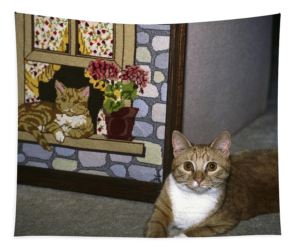 Tabby Cat Sitting Beside Needlepoint Tapestry featuring the photograph Art Imitates Life by Sally Weigand