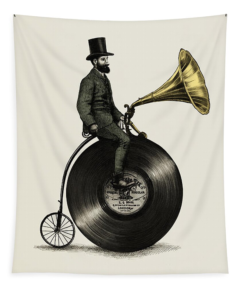 Music Vintage Vinyl Record Victorian Top Hat Gramophone Victrola Nostalgic Cycling Penny Farthing Moustache Tapestry featuring the drawing Music Man by Eric Fan