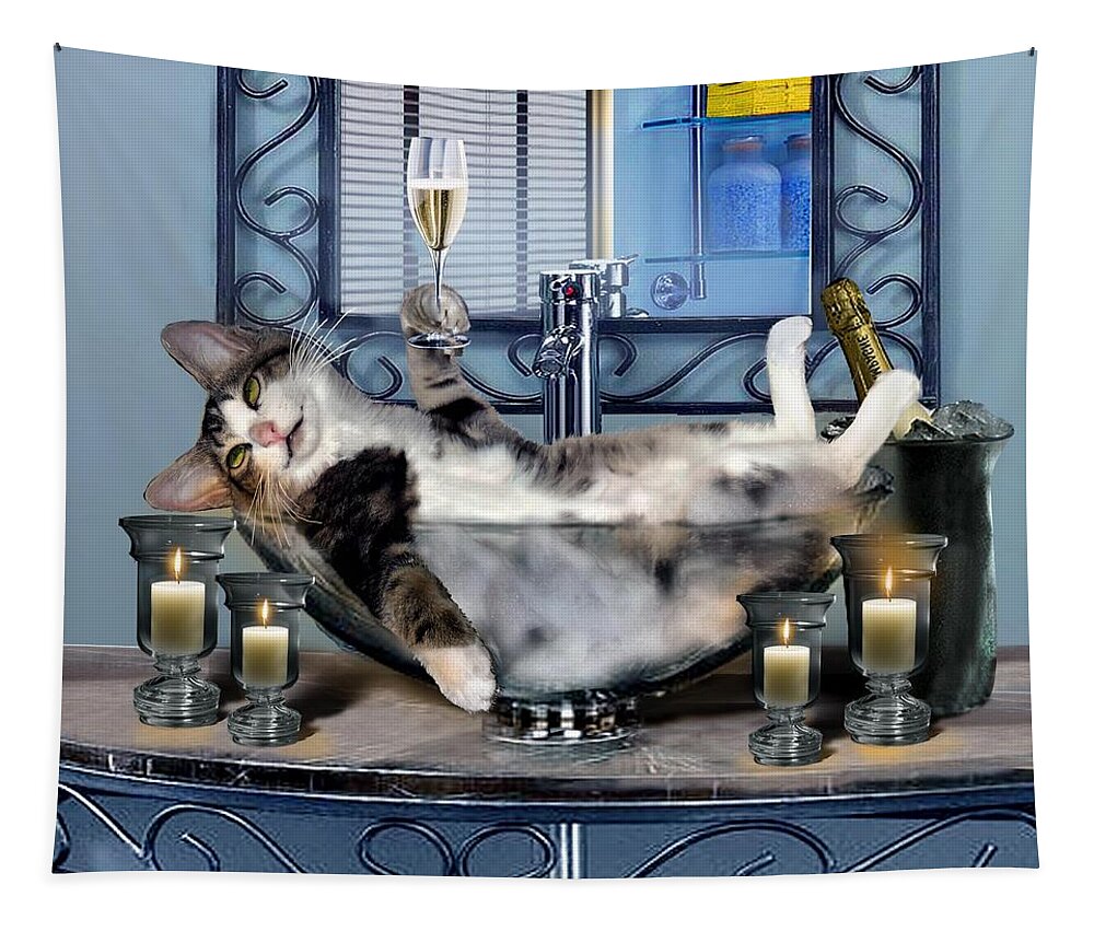 Funny Pet Print Tipsy Cat Art Print Digital Painting With A Cat Drinking Champagne Pet Canvas Art Print Tabby Cat In Humorous Scene Humorous Cat Art Print Cat Taking A Babble Bath Bathroom Scene Print Cat Taking A Bath In Candlelight Print Tipsy Cat Taking A Bath Canvas Prints Tipsy Cat Taking A Bath Greeting Card Funny Pet Art By Gina Femrite Pet Drinking Champagne Framed Print Photo Realism Pet Print Funny Animal Print Print For Bathroom Tapestry featuring the painting Funny pet print with a tipsy kitty by Regina Femrite
