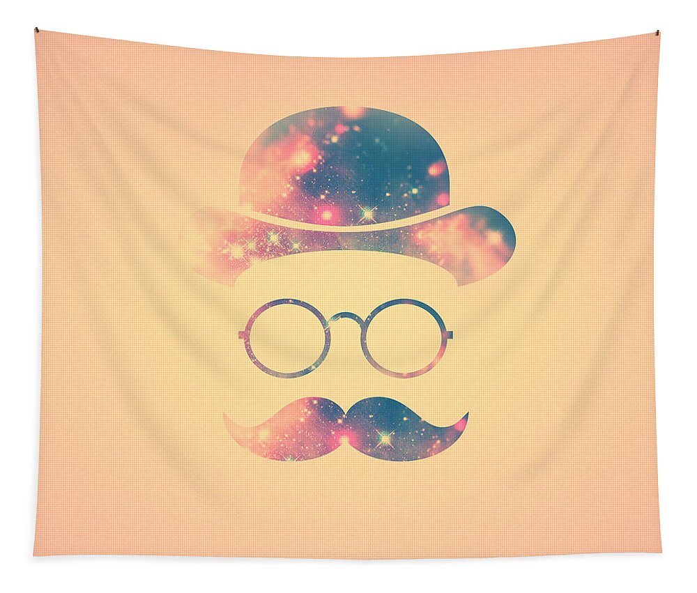 Gold Tapestry featuring the digital art Retro Face with Moustache and Glasses Universe Galaxy Hipster in Gold by Philipp Rietz