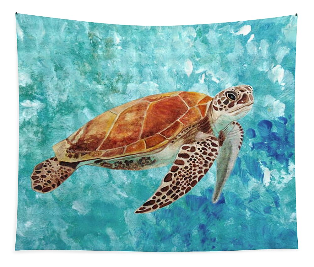 Turtle Tapestry featuring the painting Turtle Swimming by Angeles M Pomata