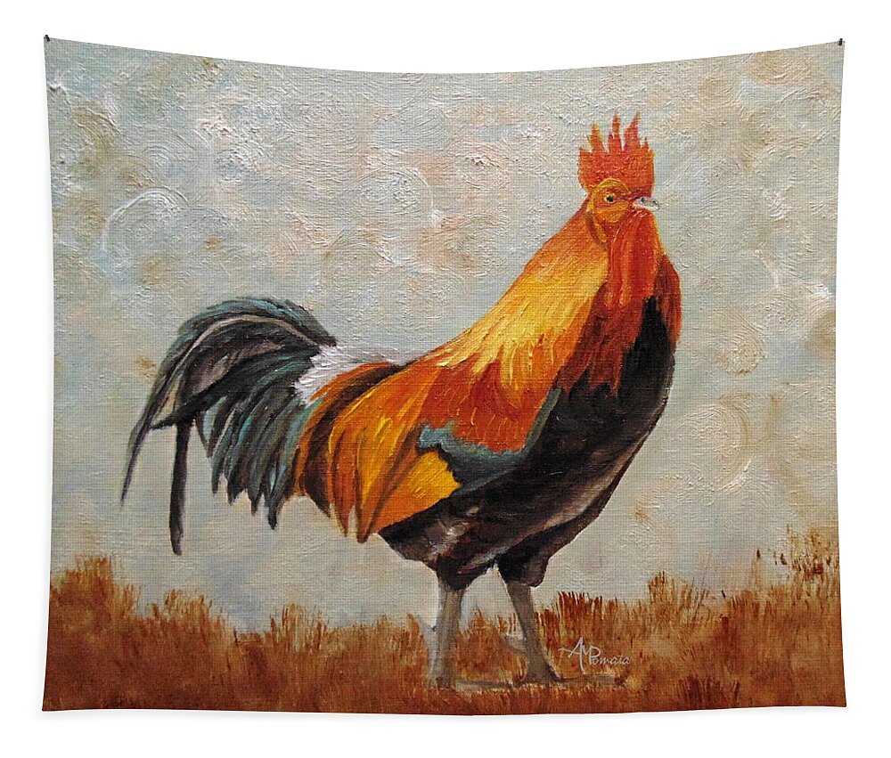 Red Male Junglefowl Tapestry featuring the painting Red Rooster by Angeles M Pomata