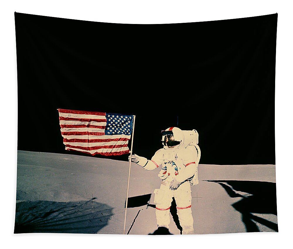 Apollo 14 Tapestry featuring the photograph Astronaut With Us Flag On Moon by Nasa