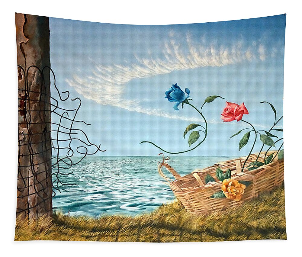 Flower Tapestry featuring the painting At the end of the fence I am free by Christopher Shellhammer
