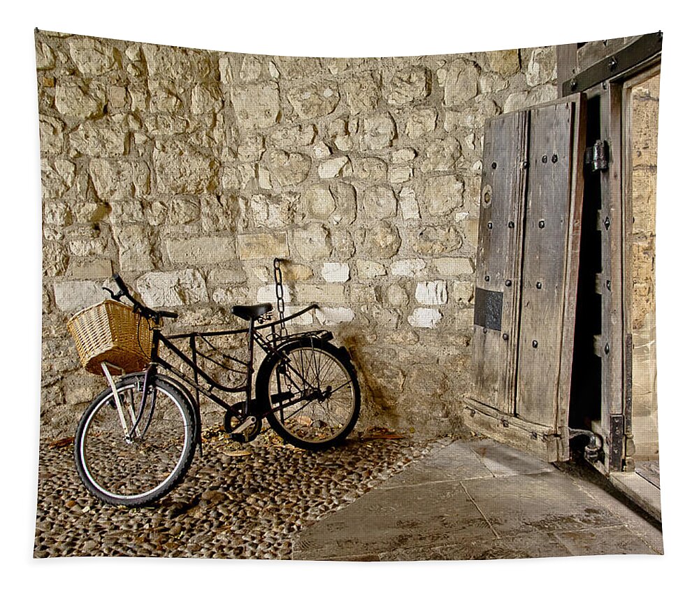 Bike Tapestry featuring the photograph At the old wooden gate. by Elena Perelman