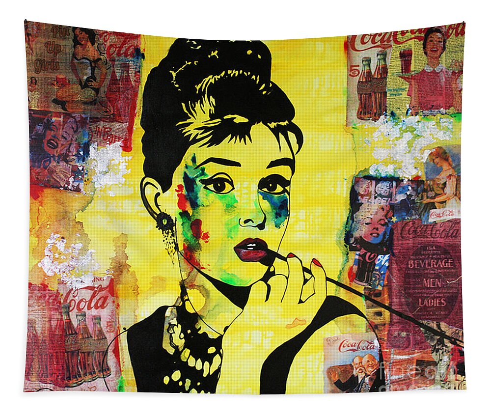Audrey Hepburn Tapestry featuring the mixed media AUDREY HEPBURN / Coca-Cola by Kathleen Artist PRO