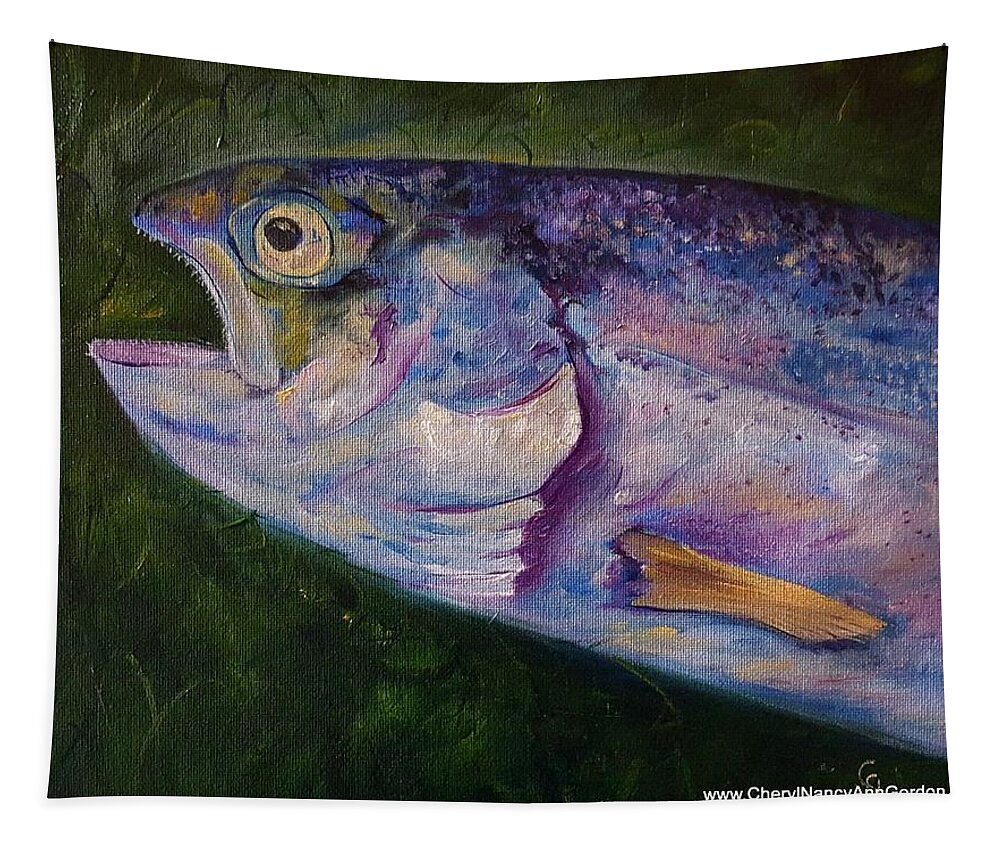 Aurons Rainbow Trout Tapestry featuring the painting Aurons Rainbow Trout by Cheryl Nancy Ann Gordon