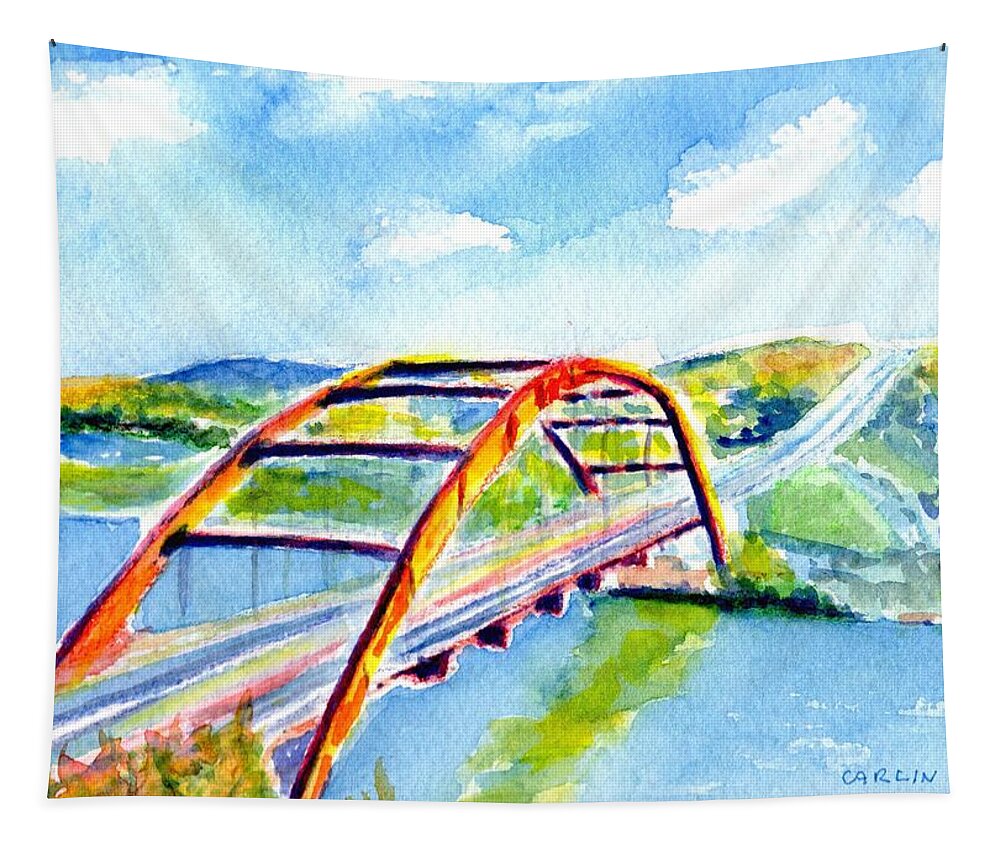 Bridge Tapestry featuring the painting Austin Texas 360 Bridge Watercolor by Carlin Blahnik CarlinArtWatercolor