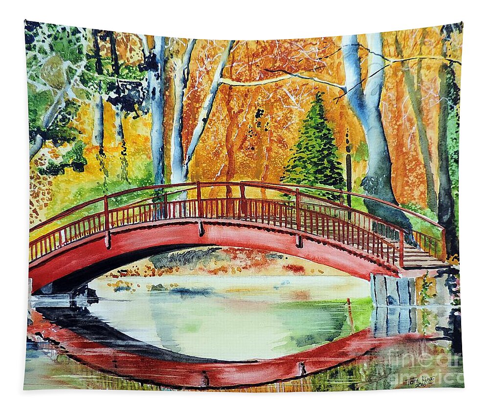 Bridge Tapestry featuring the painting Autumn Beauty by Tom Riggs