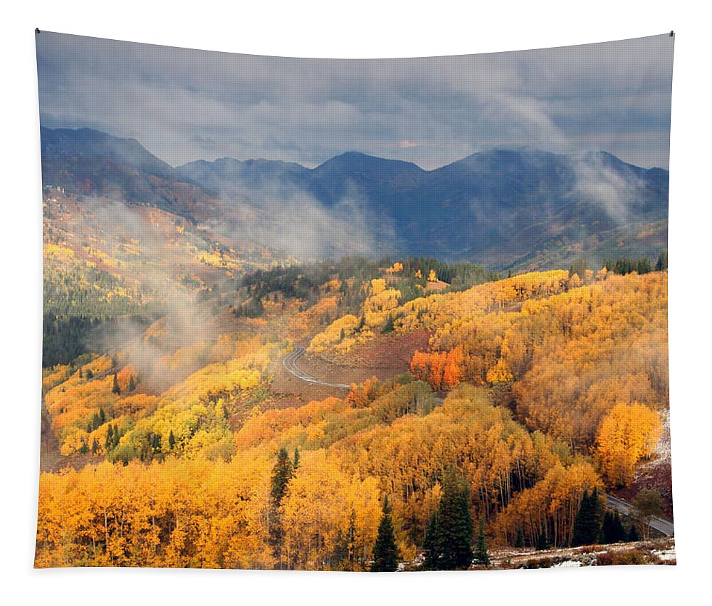Landscape Tapestry featuring the photograph Autumn Color and Fog by Brett Pelletier