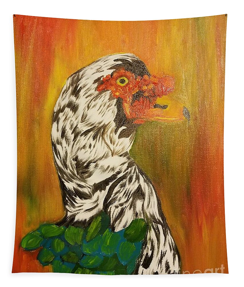 Autumn Muscovy Portrait Tapestry featuring the painting Autumn Muscovy Portrait by Maria Urso
