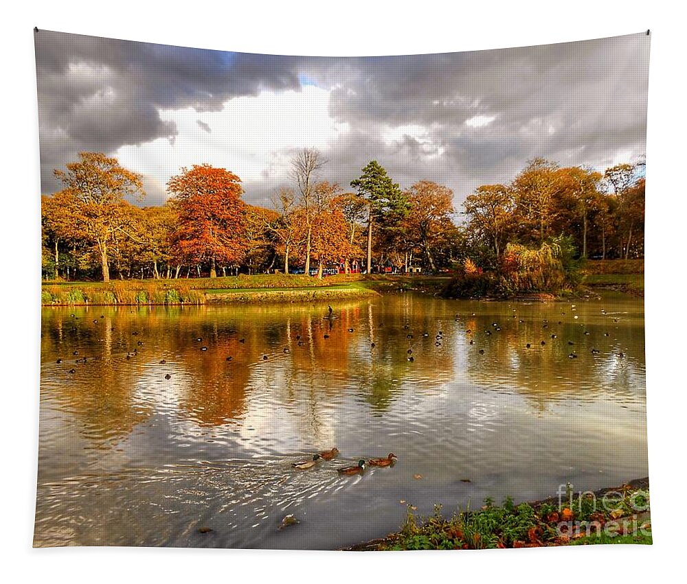 Southport Tapestry featuring the photograph Autumn Over The Lake at Hesketh Park 2 by Joan-Violet Stretch
