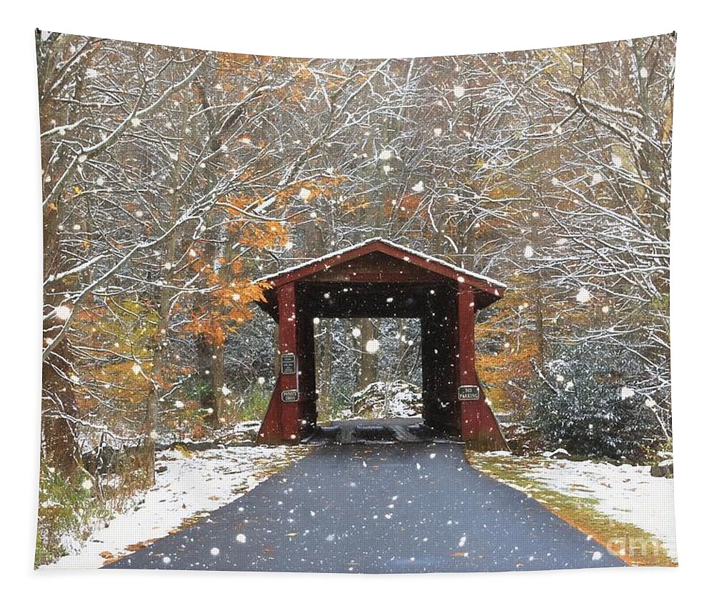 Covered Bridge Tapestry featuring the photograph Autumn Snow by Benanne Stiens