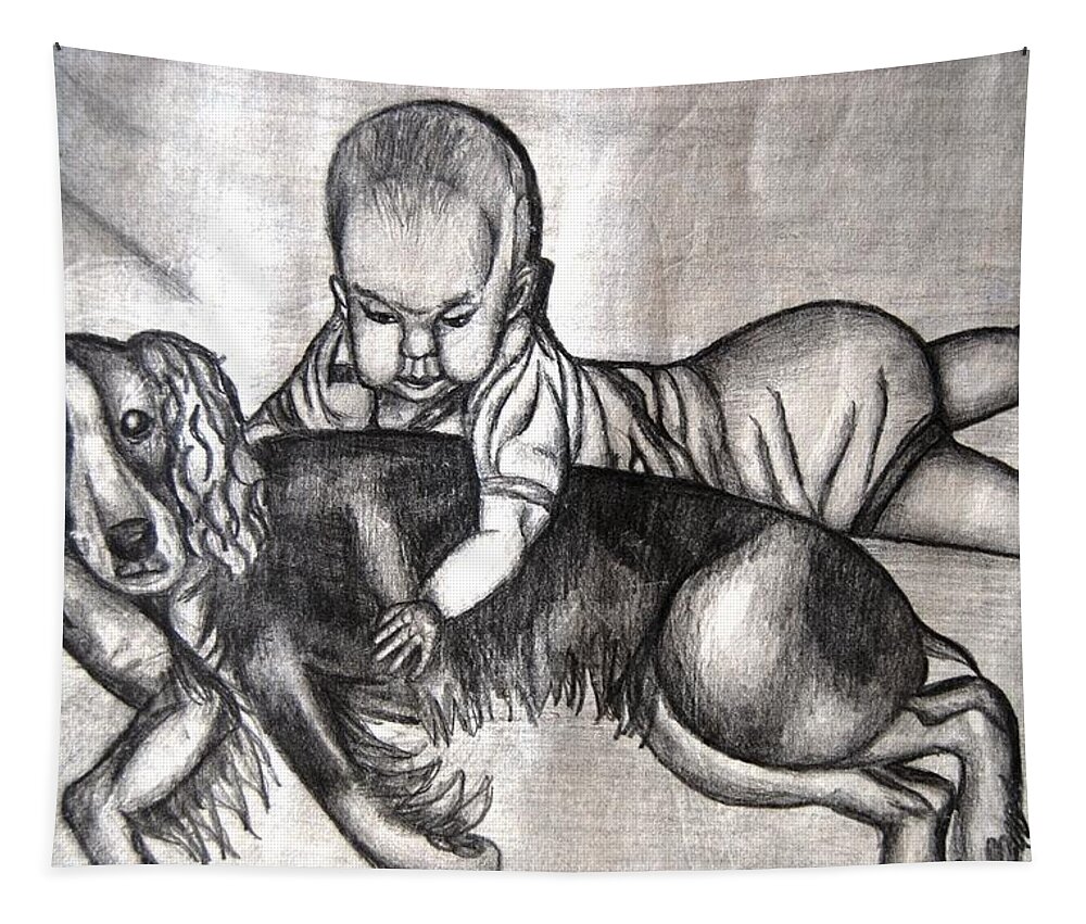 Baby Tapestry featuring the mixed media Baby and Dog by Angela Murray