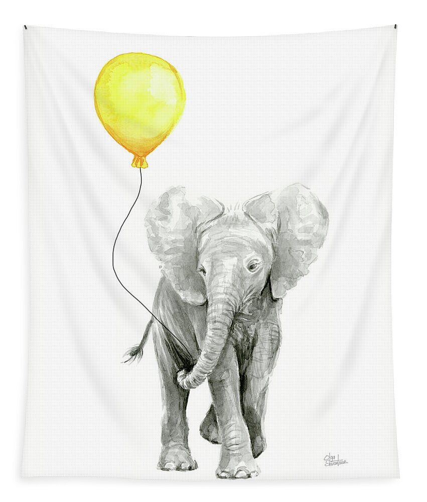 Elephant Tapestry featuring the painting Baby Elephant Watercolor with Yellow Balloon by Olga Shvartsur
