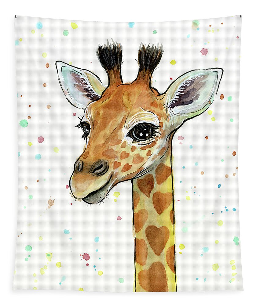 Watercolor Giraffe Tapestry featuring the painting Baby Giraffe Watercolor with Heart Shaped Spots by Olga Shvartsur