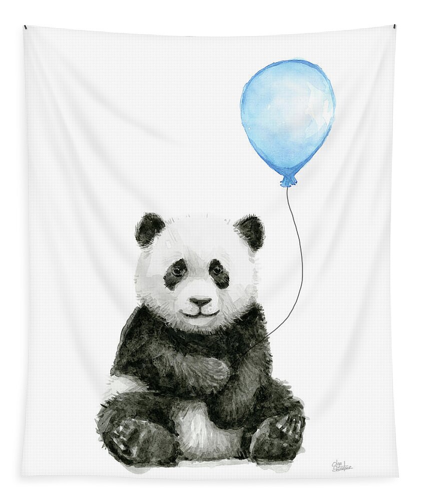 Baby Panda Tapestry featuring the painting Baby Panda with Blue Balloon Watercolor by Olga Shvartsur