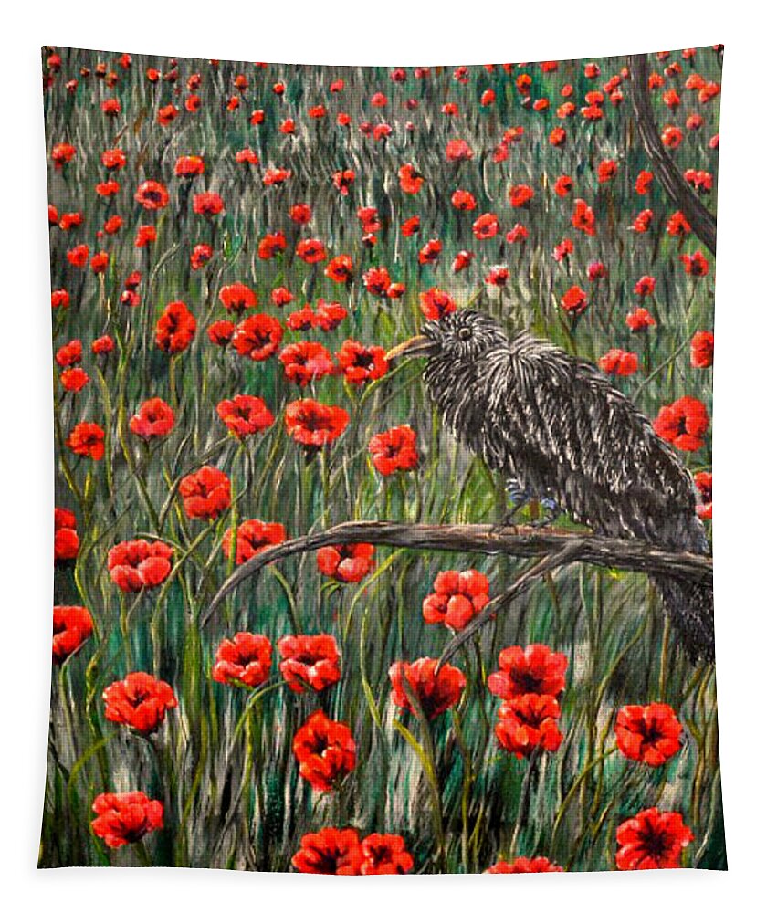 Raven Tapestry featuring the painting Baby Raven Chilling in the Field of Poppies by Medea Ioseliani